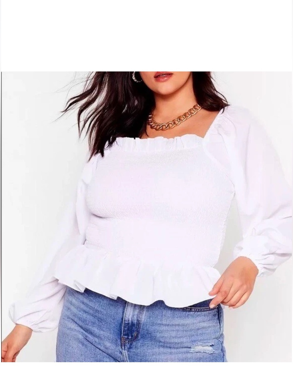 Nasty Gal US18 White Smocked Square-Neck Blouse with Puff Sleeves